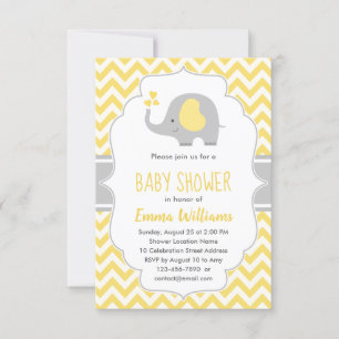 Invitación Baby Shower de elefante gris amarillo fresco