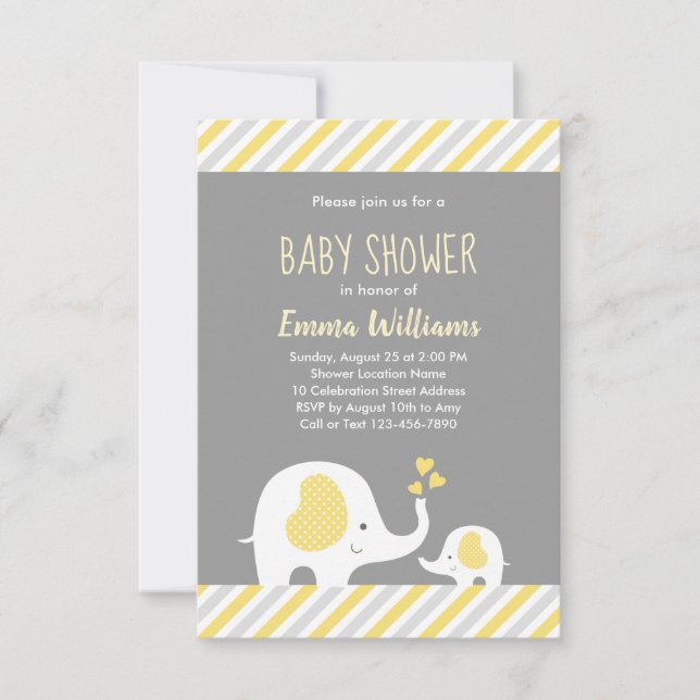 Invitación Baby Shower de elefante gris amarillo neutro lindo (Anverso)