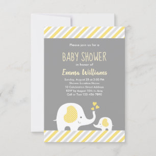 Invitación Baby Shower de elefante gris amarillo neutro lindo