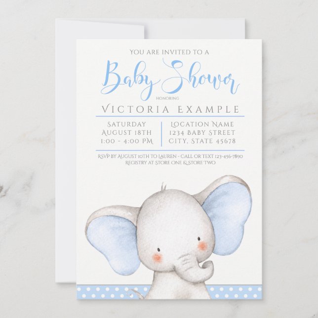 Invitación Baby Shower de Elefante Gris Azul Boy (Anverso)