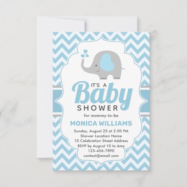 Invitación Baby Shower de elefante gris azul lindo (Anverso)
