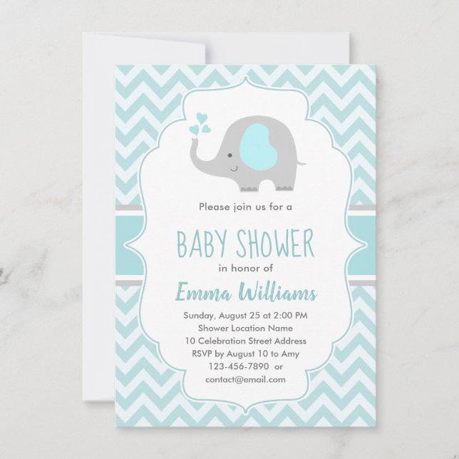 Invitación Baby Shower de elefante gris azul lindo (Anverso)