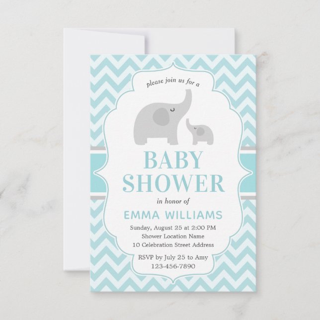 Invitación Baby Shower de elefante gris azul moderno (Anverso)