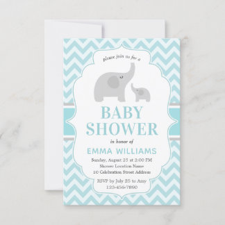 Invitación Baby Shower de elefante gris azul moderno