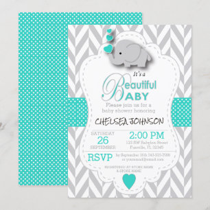 Invitación Baby Shower de elefante gris blanco y turquesa