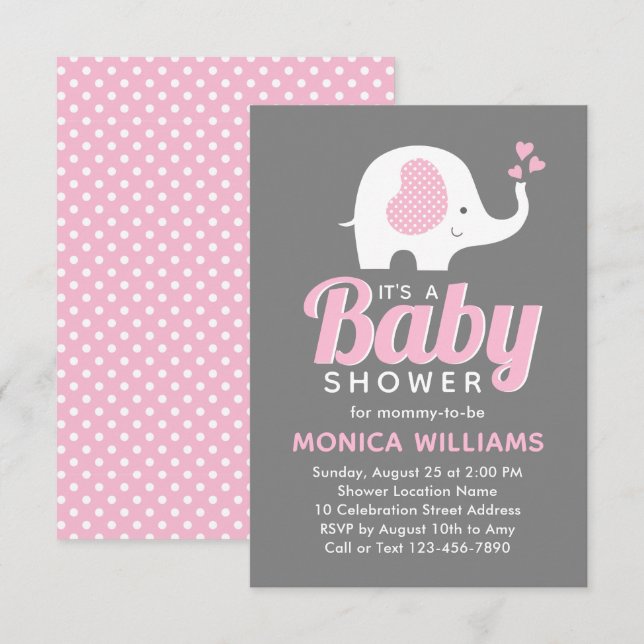 Invitación Baby Shower de elefante gris rosado chica (Anverso / Reverso)