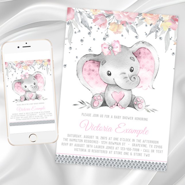 Invitación Baby Shower de elefante gris rosado chica (Girl elephant baby shower invitation with cute baby elephant on a floral and diamond background.)
