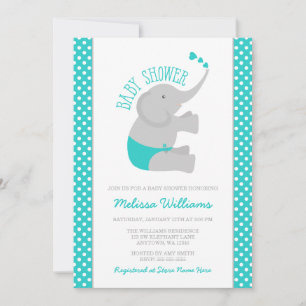 Invitación Baby Shower de elefante gris turquesa dulce