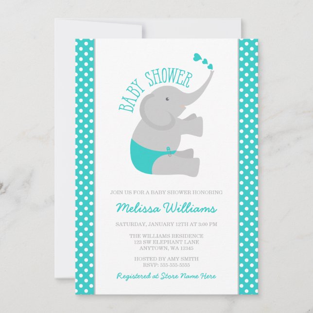 Invitación Baby Shower de elefante gris turquesa dulce (Anverso)