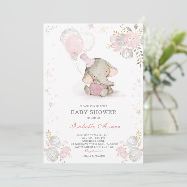 Invitación Baby Shower de Elefante Gris y Rosa (Anverso de pie)