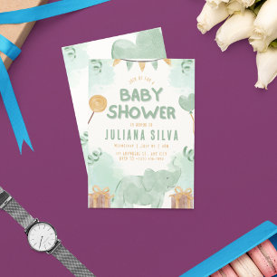 Invitación Baby Shower de elefante ilustrativo verde y amaril