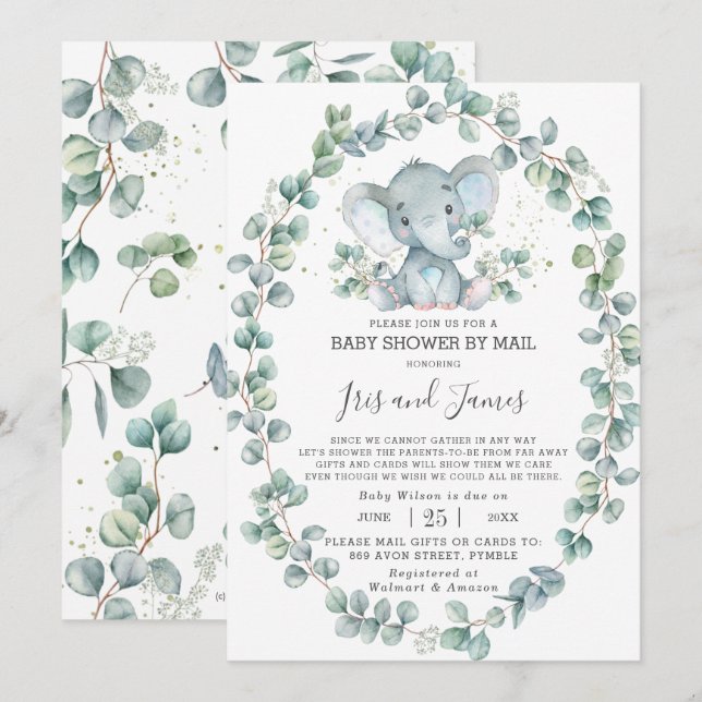Invitación Baby Shower de elefante limpio por correo (Anverso / Reverso)