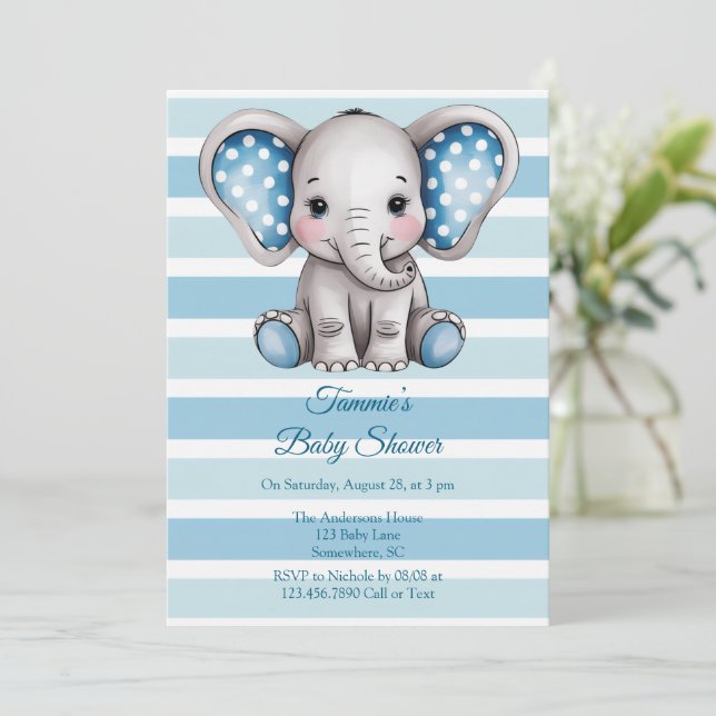 Invitación Baby Shower de elefante lindo polka Dots Boy (Anverso de pie)