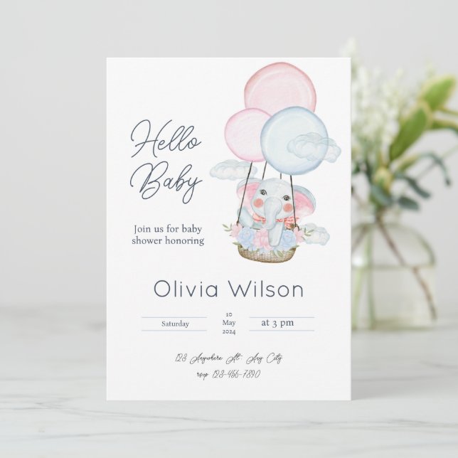 Invitación Baby Shower de Elefante Mínimo Blanco (Anverso de pie)