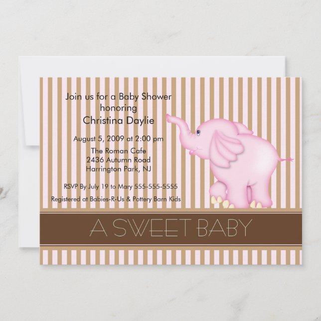 Invitación Baby Shower de elefante moreno y rosa (Anverso)