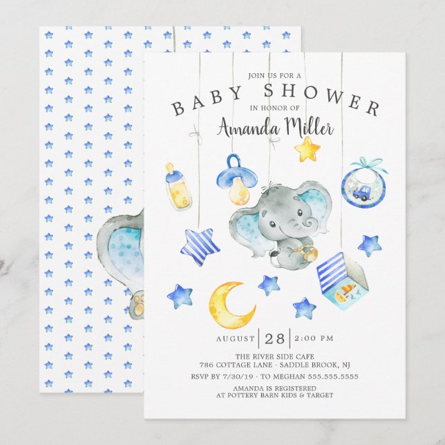 Invitación Baby Shower de elefante móvil de Baby Boy (Anverso / Reverso)