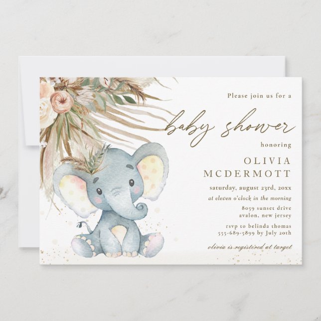 Invitación Baby Shower de Elefante Neutral Boho Pampas (Anverso)