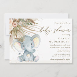 Invitación Baby Shower de Elefante Neutral Boho Pampas