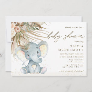 Invitación Baby Shower de Elefante Neutral Boho Pampas