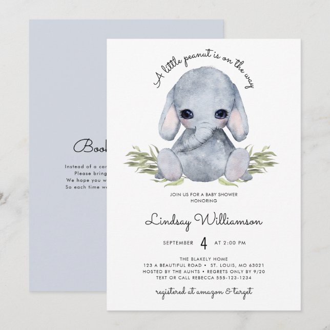 Invitación Baby Shower de Elefante Neutral de Género (Anverso / Reverso)