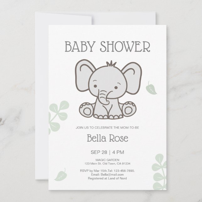 Invitación Baby Shower de elefante neutro de género gris blan (Anverso)
