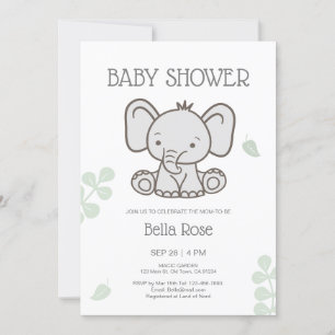Invitación Baby Shower de elefante neutro de género gris blan