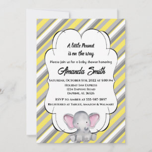Invitación Baby Shower de elefante rayado gris y amarillo