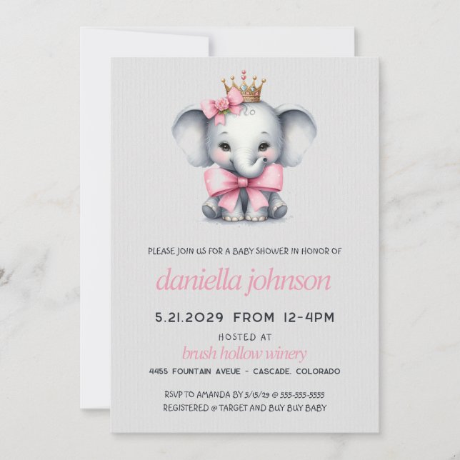 Invitación Baby Shower de Elefante Rosa (Anverso)