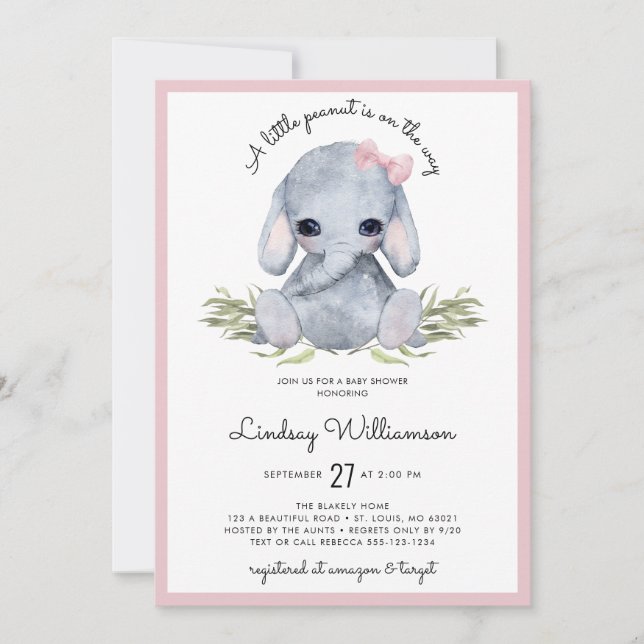 Invitación Baby Shower de Elefante Rosa (Anverso)