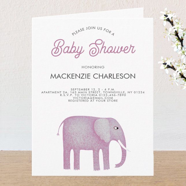 Invitación Baby Shower de Elefante Rosa (Pink watercolor elephant baby shower folded invitation)