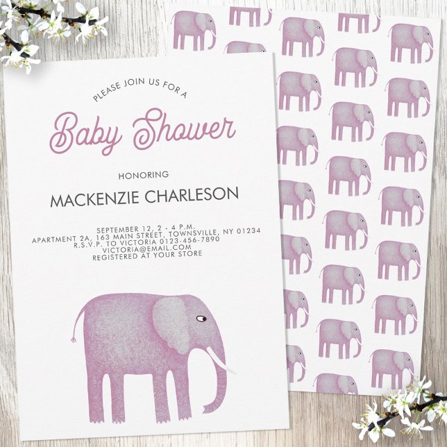 Invitación Baby Shower de Elefante Rosa (Pink watercolor elephant baby girl shower invitation)