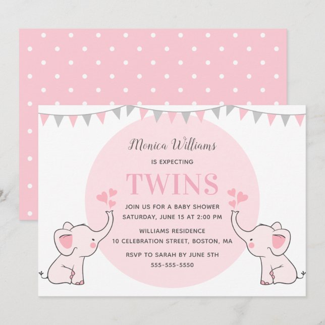 Invitación Baby Shower de Elefante Rosa | Chica Twins Baby Sh (Anverso / Reverso)