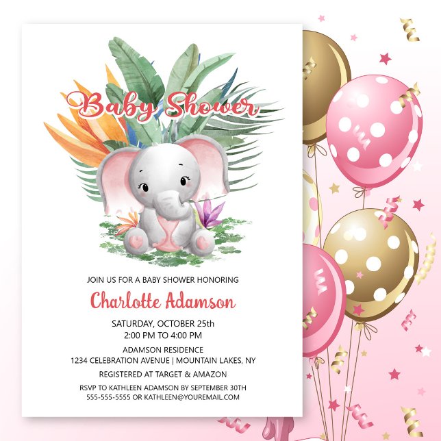 Invitación Baby Shower de Elefante Rosa de la Jungla Tropical (Subido por el creador)