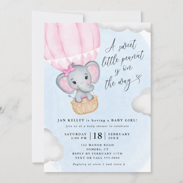 Invitación Baby Shower de Elefante Rosa de Pequeño Maní (Anverso)