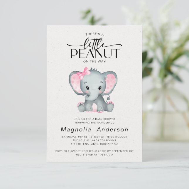 Invitación Baby Shower de Elefante Rosa de Pequeño Maní (Anverso de pie)