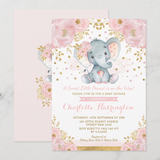 Invitación Baby Shower de Elefante Rosa y Oro bonito (Anverso / Reverso)