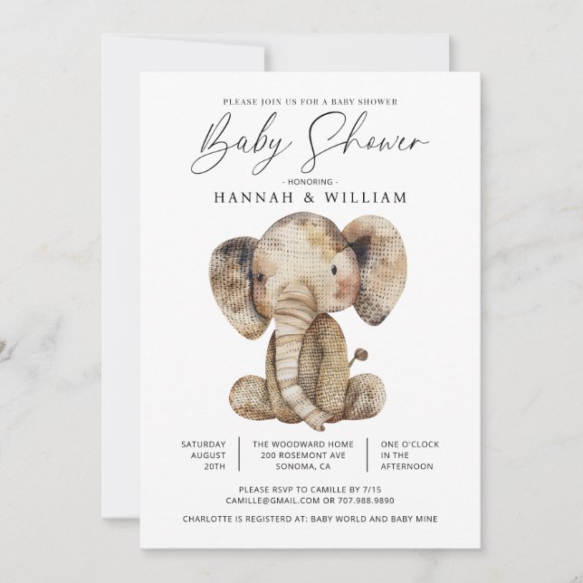 Invitación Baby Shower de elefante Safari de punto corto (Anverso)
