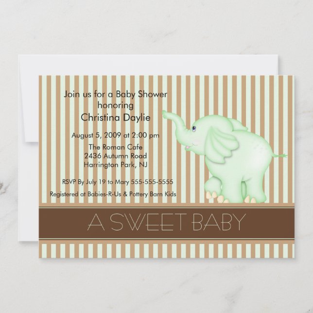 Invitación Baby Shower de elefante verde y marrón, bebé dulce (Anverso)