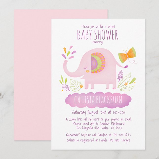 Invitación Baby Shower de elefante virtual lindo Chica rosa (Anverso / Reverso)