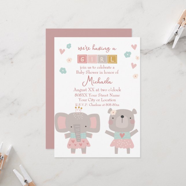 Invitación Baby Shower de elefante y Chica de oso lindo (Anverso/Reverso In Situ)
