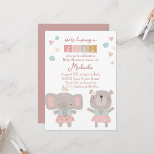 Invitación Baby Shower de elefante y Chica de oso lindo