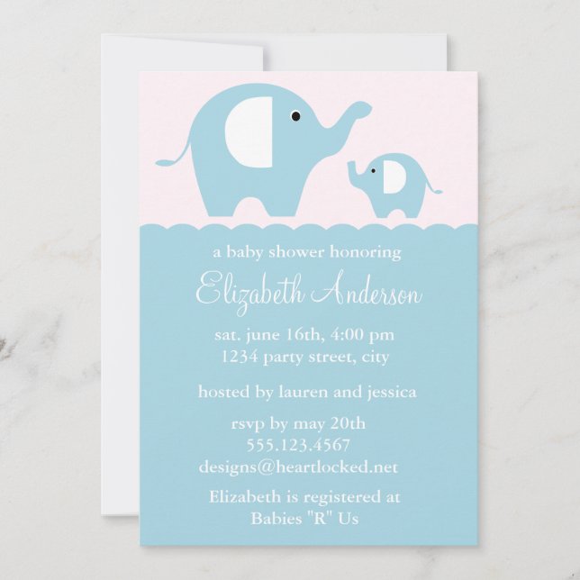 Invitación Baby Shower de elefantes azules (Anverso)