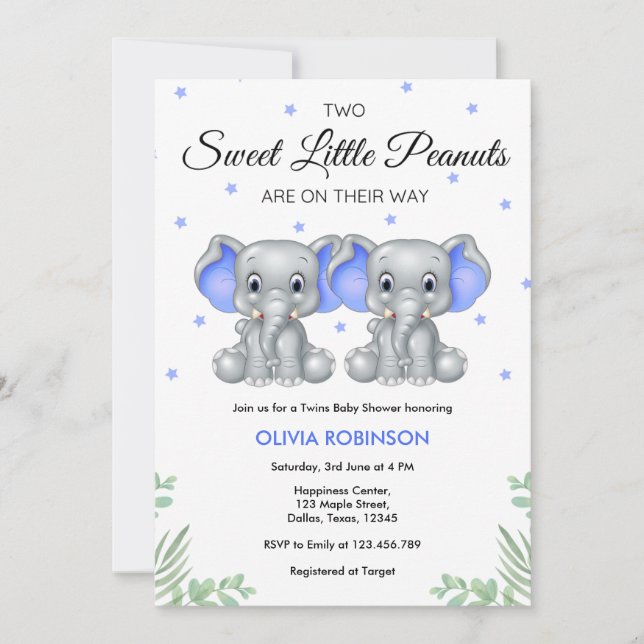 Invitación Baby Shower de elefantes azules gemelos (Anverso)