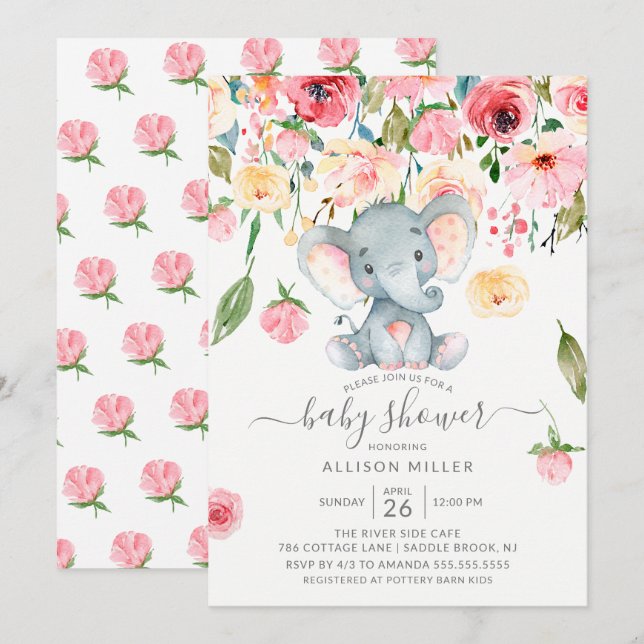 Invitación Baby Shower de elefantes dulces rosados (Anverso / Reverso)