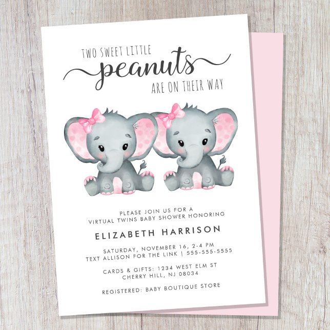 Invitación Baby Shower de elefantes gemelos virtuales (Cute twin girls virtual baby shower invitation)