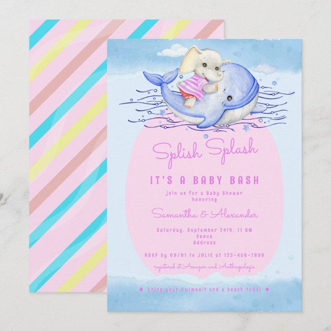Invitación Baby Shower de elefantes rosados Splash Splash Chi (Anverso / Reverso)