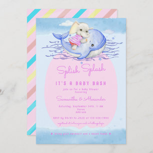Invitación Baby Shower de elefantes rosados Splash Splash Chi