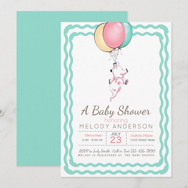 Invitación Baby Shower de elefantes rosados y globos (Anverso / Reverso)