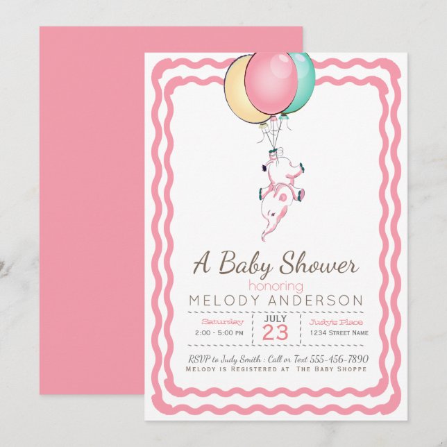 Invitación Baby Shower de elefantes rosados y globos (Anverso / Reverso)