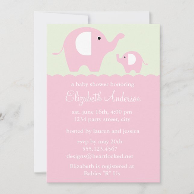 Invitación Baby Shower de elefantes rosas (Anverso)